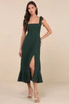 Lulus Summer Invite Emerald Green Tie-strap Tiered Midi Dress In Emerald Green