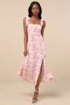 Lulus Summer Invite Pink Multi Floral Tie-strap Tiered Midi Dress In Pink