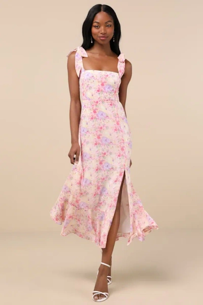 Lulus Summer Invite Pink Multi Floral Tie-strap Tiered Midi Dress