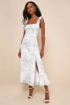 Lulus Summer Invite White And Blue Toile Tie-strap Tiered Midi Dress In White And Blue