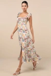 Lulus Summer Invite White Multi Floral Tie-strap Tiered Midi Dress In White
