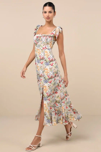Lulus Summer Invite White Multi Floral Tie-strap Tiered Midi Dress