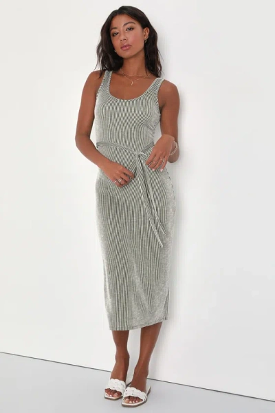 Lulus Summer Perfection Olive And Ivory Striped Ribbed Midi Dress