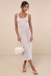 Lulus Summer Perfection Taupe And Ivory Striped Ribbed Midi Dress In Ivory