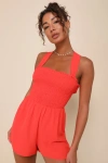 LULUS SUMMERTIME SENSES RED ORANGE SMOCKED TIE-BACK ROMPER