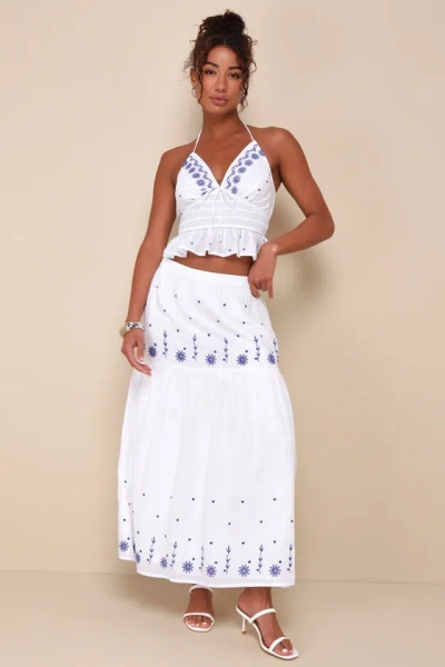 Lulus Summery Aura White Embroidered Tiered High-waisted Maxi Skirt