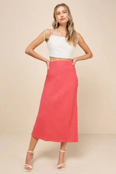 Lulus Summery Cutie Rusty Rose Linen High-waisted Midi Skirt In Red