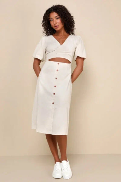 Lulus Summery Disposition Beige Linen Wrap Front Cutout Midi Dress