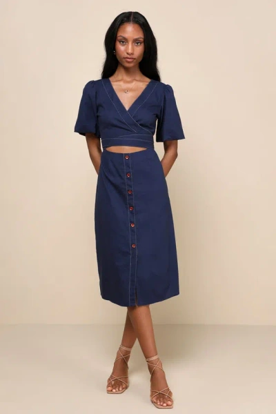 Lulus Summery Disposition Navy Blue Linen Wrap Front Cutout Midi Dress