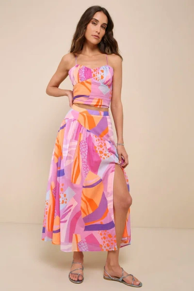 Lulus Summery Getaway Pink Multi Abstract Print High Rise Midi Skirt