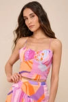 Lulus Summery Getaway Pink Multi Abstract Print Lace-up Crop Top In Pink