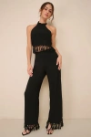 Lulus Summery Occasion Black Fringe High Rise Wide-leg Pants In Black
