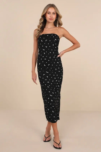 Lulus Summery Spirit Black Floral Ribbed Strapless Midi Dress