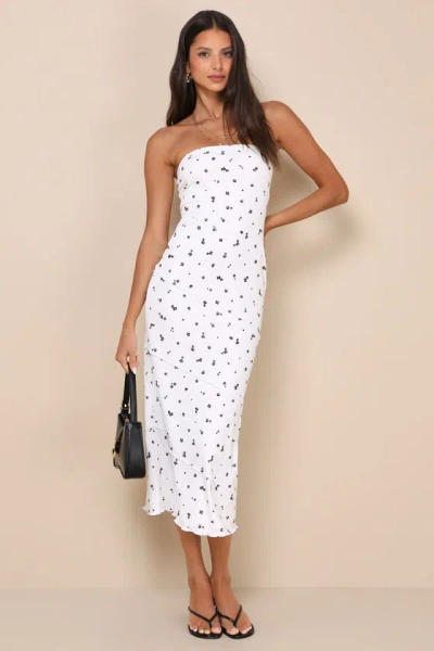 Lulus Summery Spirit Ivory Ribbed Floral Strapless Midi Dress