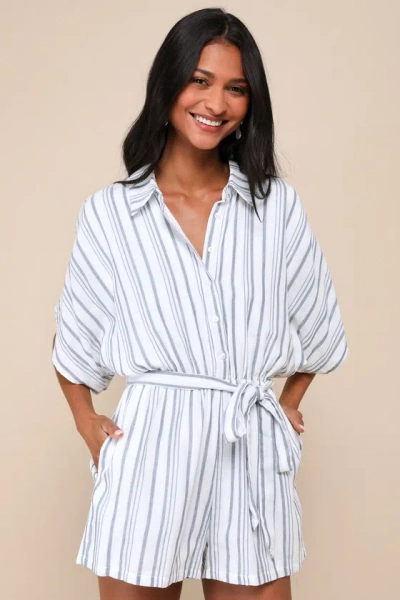 Lulus Sun-drenched Sweetie White And Blue Striped Button-up Romper