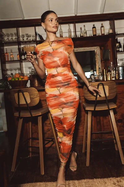 Lulus Sunama Orange Floral Mesh Ruched Bodycon Midi Dress