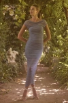 Lulus Sunama Slate Blue Mesh Ruched Bodycon Midi Dress In Gray