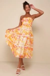 LULUS SUNLIGHT AURA ORANGE FLORAL STRAPLESS TIERED MIDI DRESS