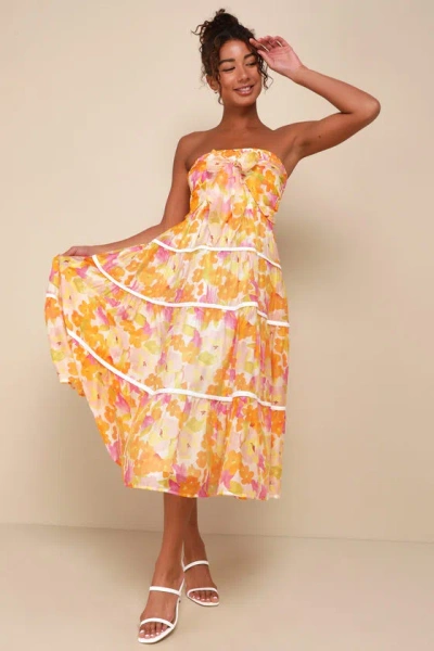 Lulus Sunlight Aura Orange Floral Strapless Tiered Midi Dress
