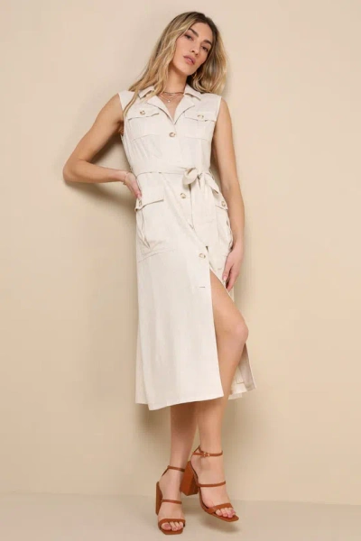 Lulus Sunnier Moments Beige Linen Button-front Sleeveless Midi Dress