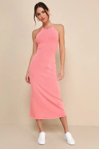 Lulus Sunny Admiration Washed Coral Pink Ribbed Sleeveless Midi Dress