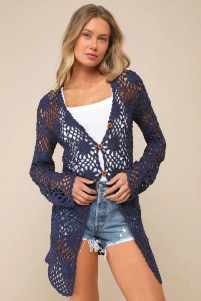 Lulus Sunny Aspirations Navy Blue Crochet Swim Cover-up Dress