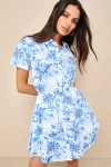 Lulus Sunny Charisma Blue Floral Button-up Mini Dress With Pockets In Blue