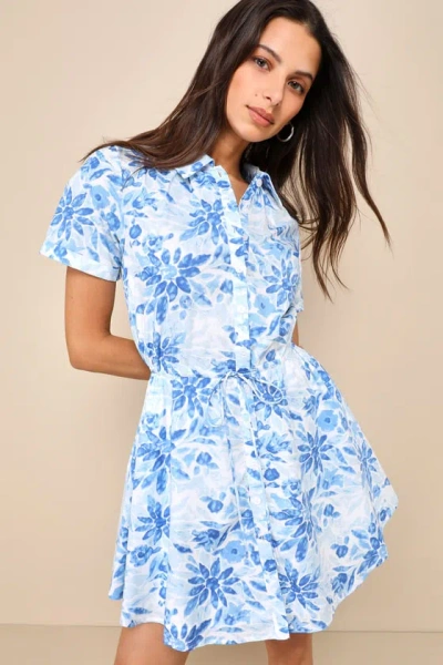 Lulus Sunny Charisma Blue Floral Button-up Mini Dress With Pockets