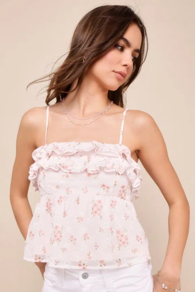 Lulus Sunny Charm Light Pink Floral Eyelet Ruffled Tank Top