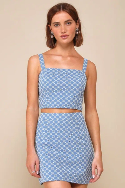 Lulus Sunny Concept Blue Embroidered High-rise Mini Skirt