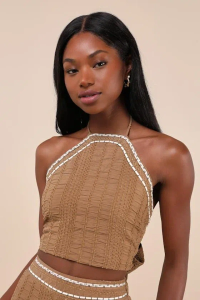 Lulus Sunny Confidence Brown Textured Velvet Tie-back Halter Crop Top