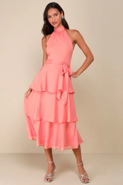 Lulus Sunny Darling Coral Pink Tiered Mock Neck Halter Midi Dress
