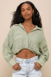 Lulus Sunny Day Choice Sage Green Textured Cropped Collared Top In Sage Green