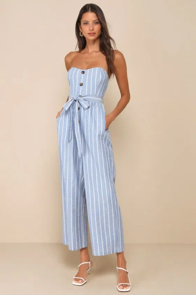 Lulus Sunny Day Classic Blue And White Striped Strapless Jumpsuit