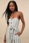 Lulus Sunny Day Classic Sage And White Striped Strapless Jumpsuit