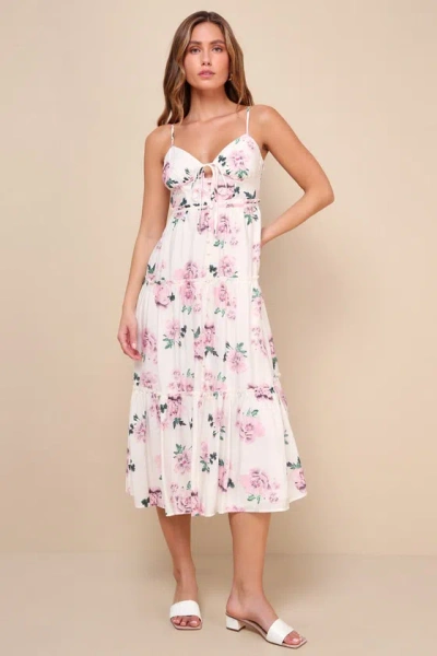 Lulus Sunny Day Outing White And Pink Floral Tiered Midi Dress