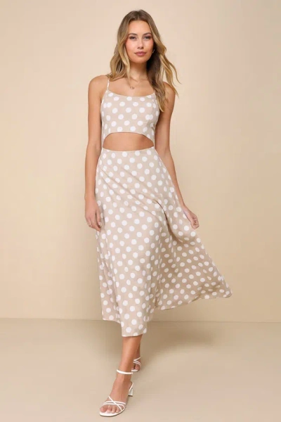 Lulus Sunny Day Sweetie Beige Polka Dot Tie-front Cutout Maxi Dress