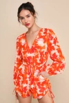 Lulus Sunny Demeanor Orange Floral Linen Long Sleeve Drawstring Romper In Orange
