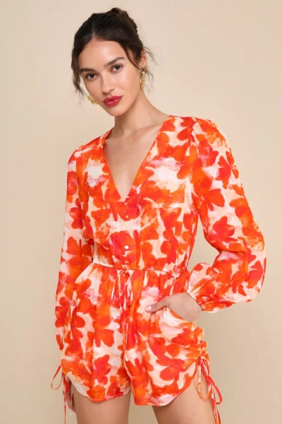 Lulus Sunny Demeanor Orange Floral Linen Long Sleeve Drawstring Romper