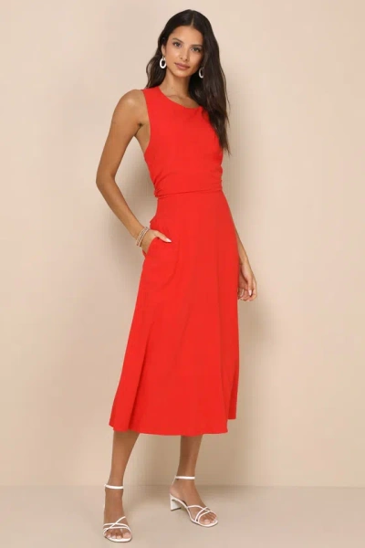 Lulus Sunny Energy Red Lace-up Midi Dress With Pockets