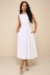 Lulus Sunny Energy White Linen Lace-up Midi Dress With Pockets In White