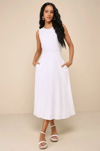 Lulus Sunny Energy White Linen Lace-up Midi Dress With Pockets