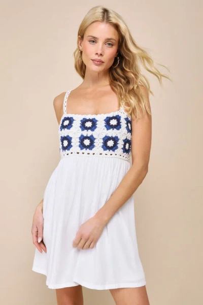 Lulus Sunny Essence White And Blue Crochet Lace-up Mini Dress