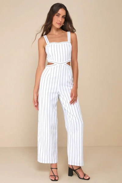 Lulus Sunny Journey White And Black Striped Cutout Jumpsuit