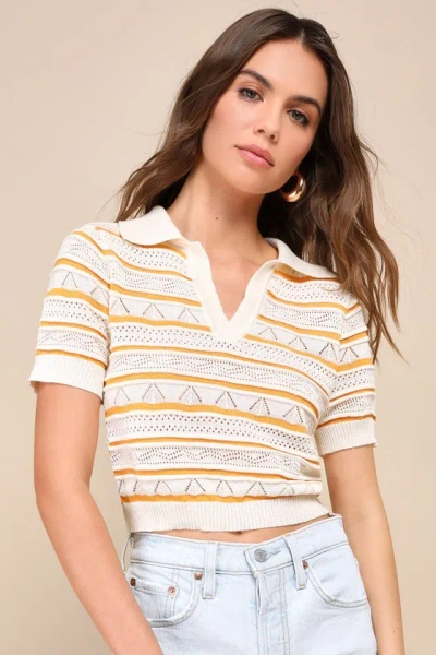 Lulus Sunny Lifestyle Cream Striped Pointelle Knit Collared Top In White