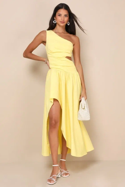 Lulus Sunny Persuasion Yellow Linen Cutout One-shoulder Midi Dress |  ModeSens