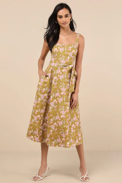 Lulus Sunny Posture Chartreuse Floral Sleeveless Midi Dress In Green