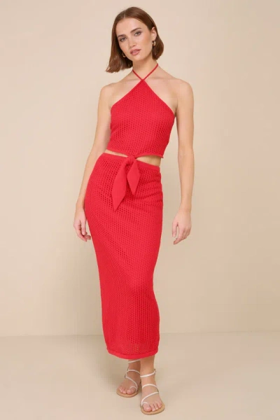 Lulus Sunny Serenity Bright Red Crochet Cutout Halter Midi Dress