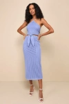 Lulus Sunny Serenity Periwinkle Crochet Cutout Halter Midi Dress In Blue
