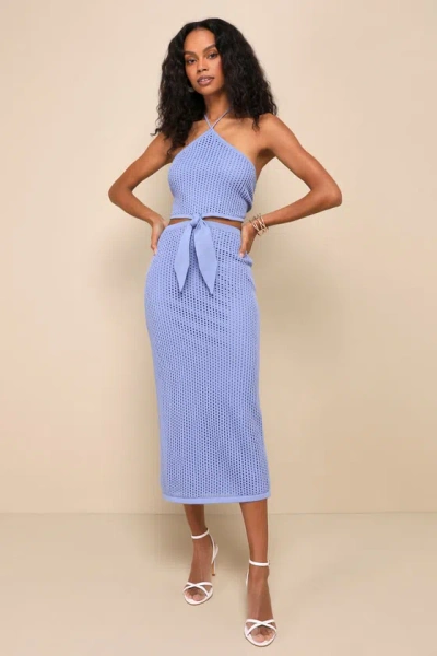 Lulus Sunny Serenity Periwinkle Crochet Cutout Halter Midi Dress In Blue